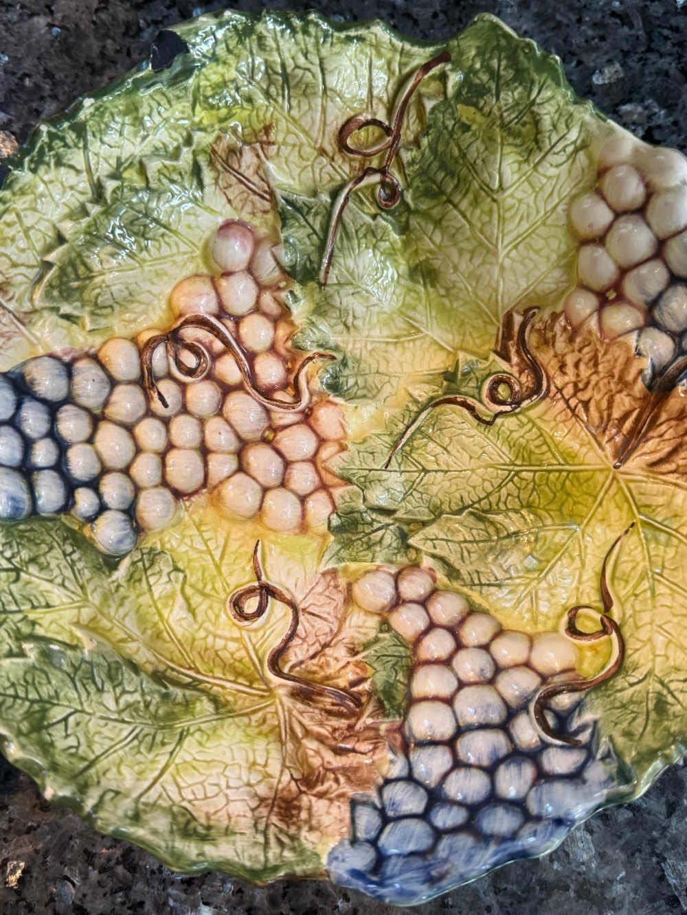 Pair Antique 1850s Barbotine French Majolica Draining Bowl, Grapes - GV Marked